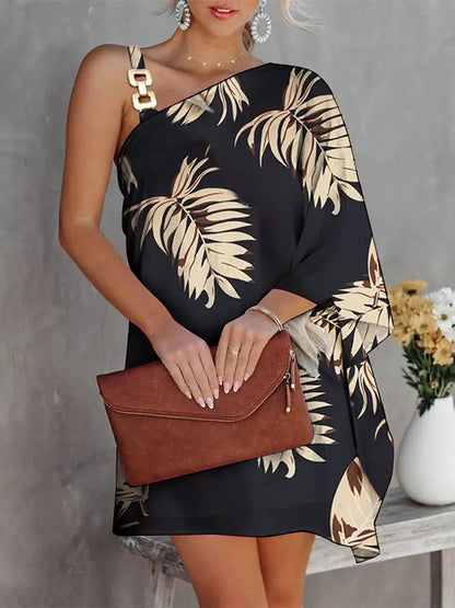 xakxx Batwing Sleeves Hollow Printed One-Shoulder Mini Dresses