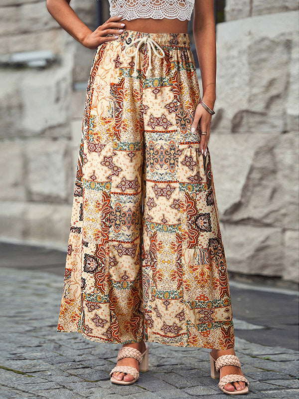 xakxx High Waisted Loose Drawstring Flower Print Pleated Pants Trousers