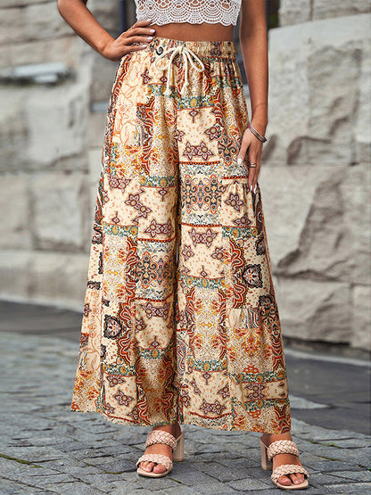 xakxx High Waisted Loose Drawstring Flower Print Pleated Pants Trousers