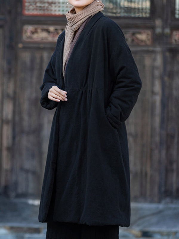 xakxx Long Sleeves Loose Cotton-Padded Clothes Drawstring Quilted Solid Color Velvet V-Neck Outerwear Padded Coat
