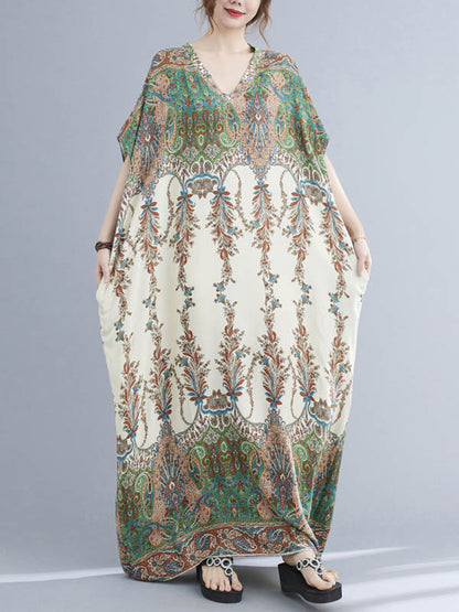 xakxx Vintage Floral Printed V-Neck Batwing Sleeves H-Line Maxi Dress