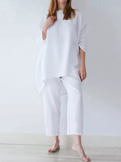 xakxx Casual Loose Long Sleeves Solid Color T-Shirt Top&Pants Two Pieces Set