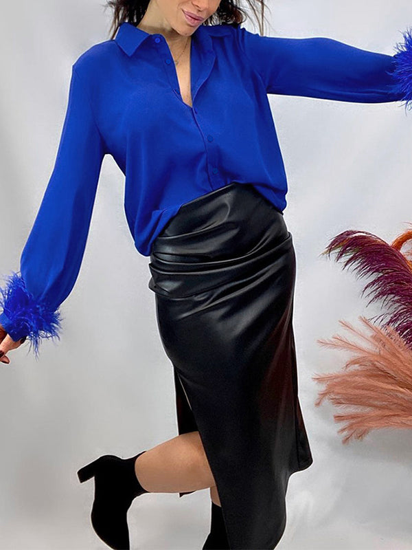 xakxx Loose Wrap Feathers Solid Color Split-Joint Lapel Collar Blouses&Shirts Tops