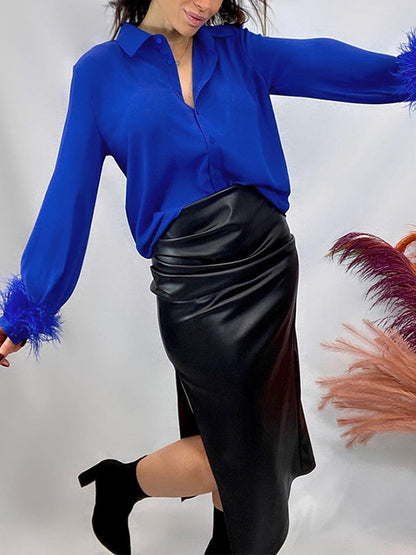 xakxx Loose Wrap Feathers Solid Color Split-Joint Lapel Collar Blouses&Shirts Tops