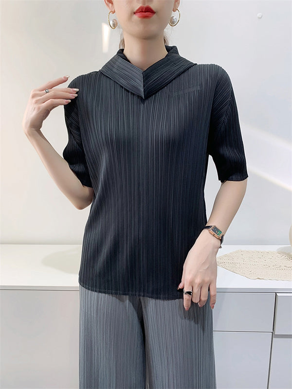 xakxx Half Sleeves Hooded Pleated Solid Color Mock Neck T-Shirts Tops
