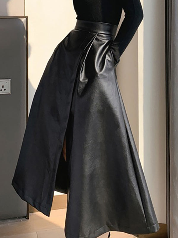 xakxx A-Line Loose Solid Color Split-Front Skirts Bottoms