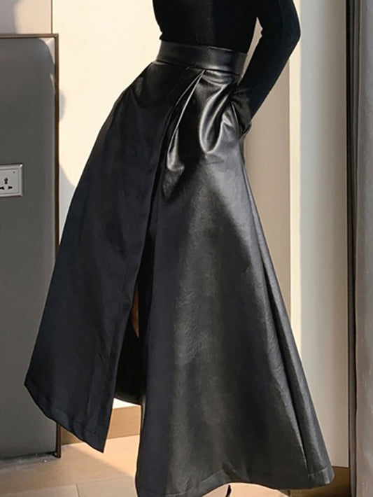 xakxx A-Line Loose Solid Color Split-Front Skirts Bottoms