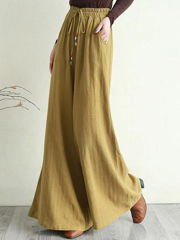 xakxx Artistic Ramie Cotton Drawstring Elasticity Loose Wide-Leg Pants