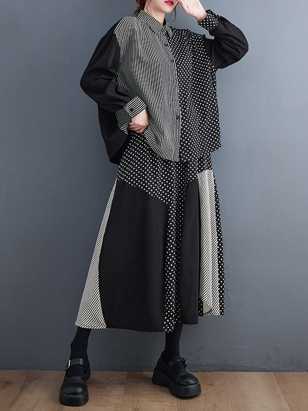 xakxx Loose Oversize Striped Polka-Dot Split-Joint Blouse Top A-Line Skirt Bottom Two Pieces Set
