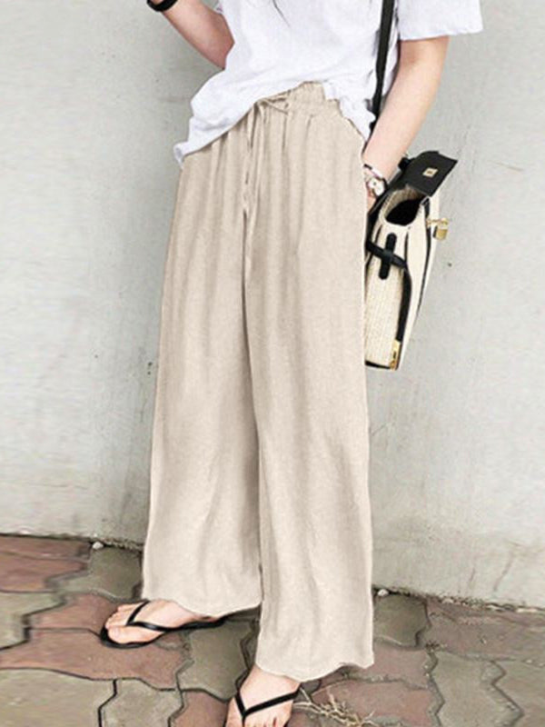 xakxx High Waisted Loose Drawstring Pockets Solid Color Pants Trousers