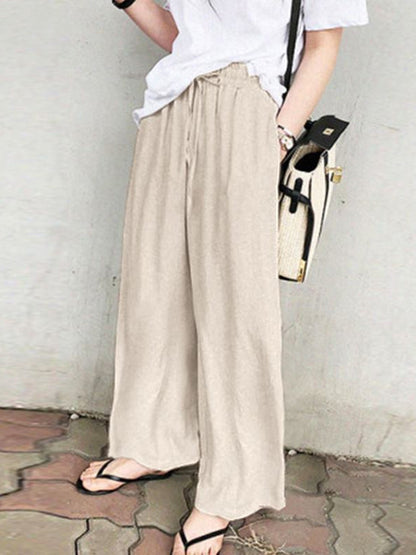 xakxx High Waisted Loose Drawstring Pockets Solid Color Pants Trousers
