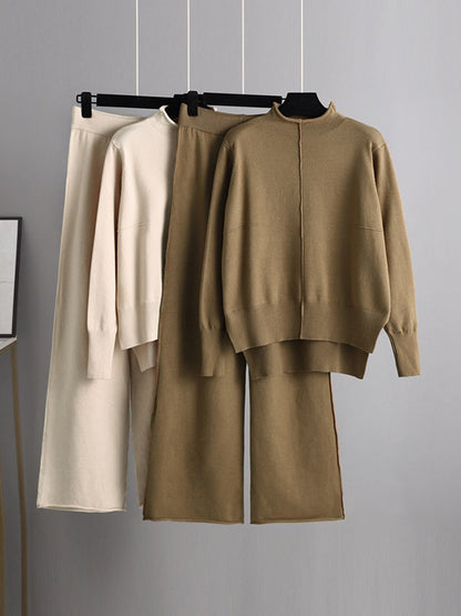 xakxx Stylish High-Low Long Sleeves Split-Side Solid Half Turtleneck Sweater Tops & Wide Leg Pants Two Pieces Set