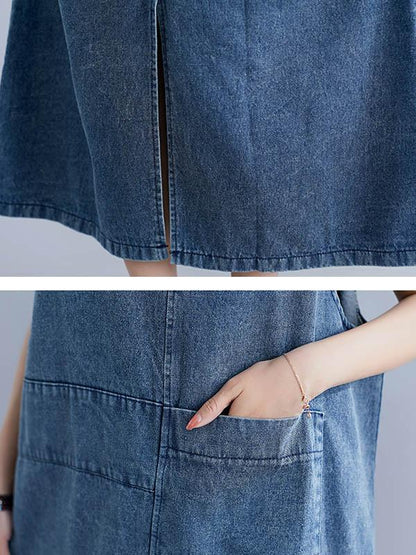 xakxx Loose Sleeveless Denim V-Neck Midi Dress