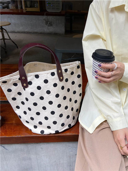 xakxx Vintage Canvas Polka-Dot Printed Makeup Tote Bag Bucket Bag