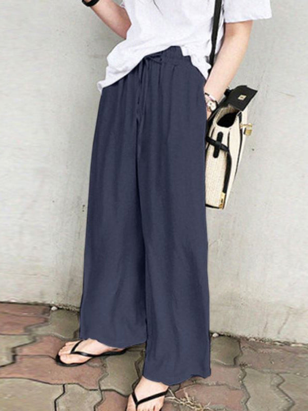 xakxx High Waisted Loose Drawstring Pockets Solid Color Pants Trousers