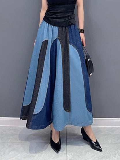 xakxx Loose Wide Leg Contrast Color Elasticity Split-Joint Jean Pants Bottoms