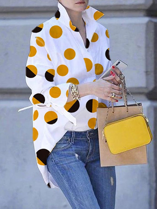 xakxx Long Sleeves Loose Contrast Color Polka Dot Printed Lapel Blouses