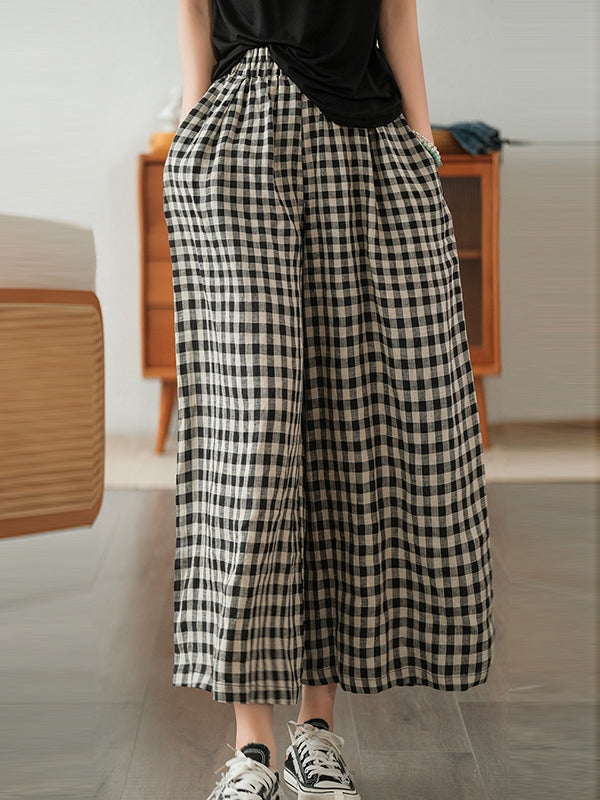 xakxx Artistic Retro Linen Loose Wide Legs Plaid Drawstring Pants