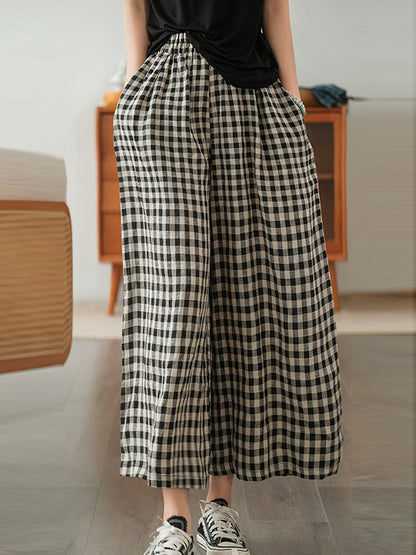 xakxx Artistic Retro Linen Loose Wide Legs Plaid Drawstring Pants
