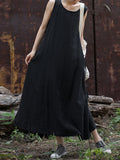 xakxx Loose Sleeveless Drawstring Solid Color Split-Joint Tied Waist Round-Neck Midi Dresses