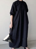 xakxx Simple Solid Color Stand Collar Loose Half Sleeve Dress