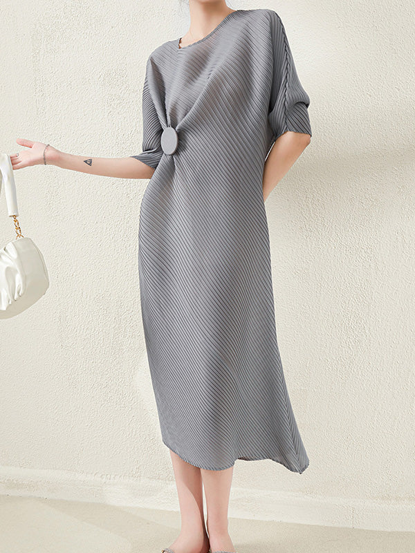 xakxx Stylish Irregularity Loose Pleated Solid Color Round-Neck Midi Dresses
