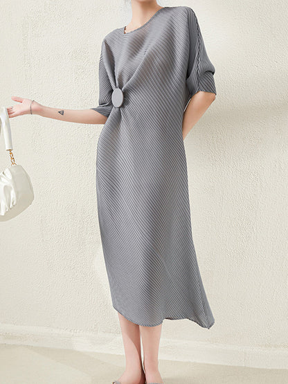 xakxx Stylish Irregularity Loose Pleated Solid Color Round-Neck Midi Dresses