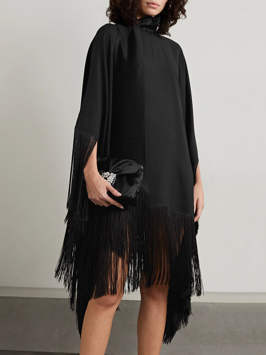 xakxx Loose Fringed High Neckline With A Scarf-Like Panel Solid Midi Dresses
