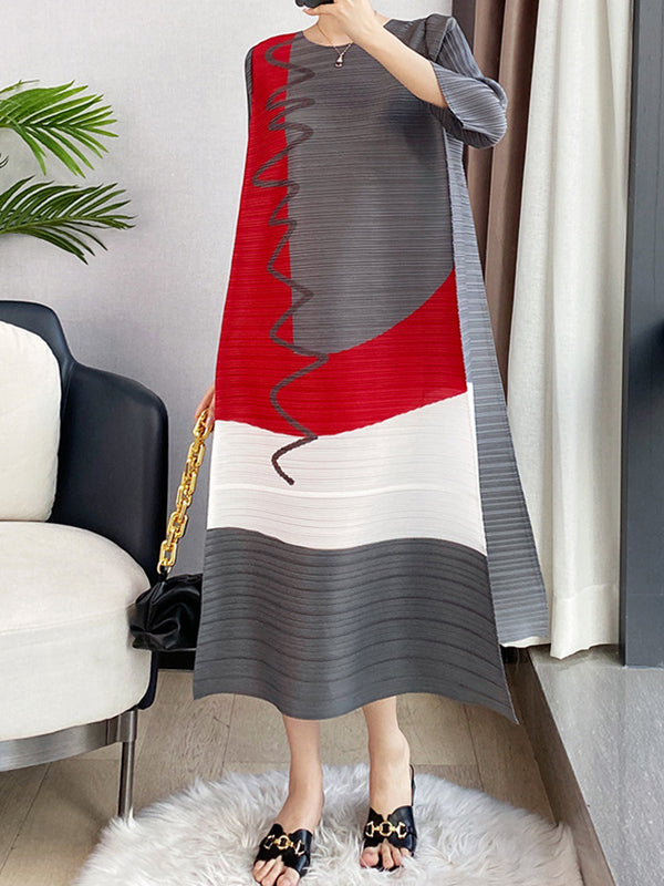 xakxx Loose Three-Quarter Sleeves Contrast Color Pleated Printed Round-Neck Midi Dresses