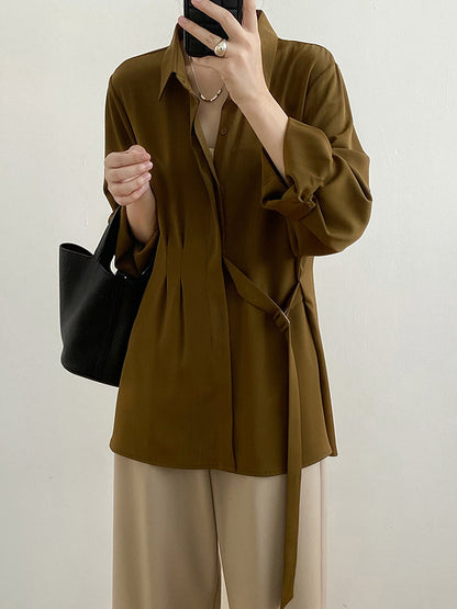 xakxx Office Loose Long Sleeves Lace-Up Solid Color Lapel Blouses