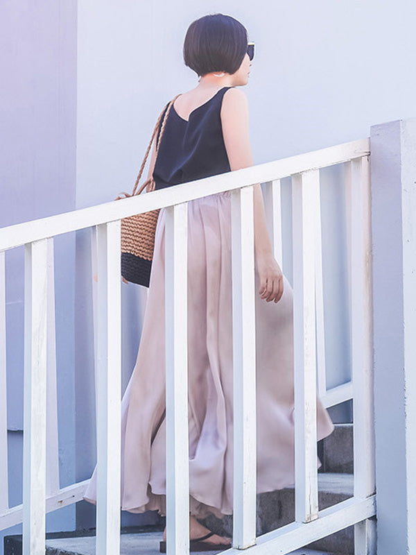 xakxx Simple Solid Color Elasticity High Waisted Wide Leg Pants