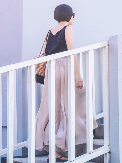 xakxx Simple Solid Color Elasticity High Waisted Wide Leg Pants
