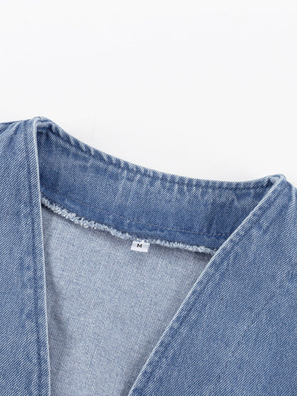 xakxx Long Sleeves Loose Split-Joint Tied Waist V-Neck Denim Mini Dresses