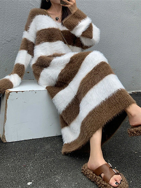 xakxx Long Sleeves Loose Striped V-Neck Knit Dresses Midi Dresses
