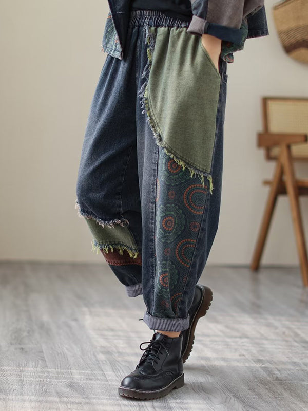 xakxx Contrast Color Fringed Split-Joint Long Sleeves Printed Outwear + Harem Pants  Two Pieces Set