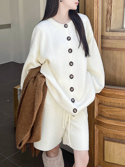 xakxx Long Sleeves Loose Buttoned Round-Neck Sweater Top + Drawstring Shorts Bottom Two Pieces Set