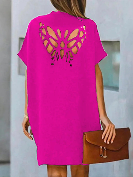 xakxx Loose Short Sleeves Butterfly Hollow Solid Color V-Neck Mini Dresses