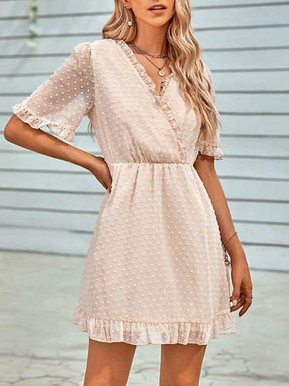 xakxx A-Line Loose Jacquard Ruffled Solid Color V-Neck Mini Dresses