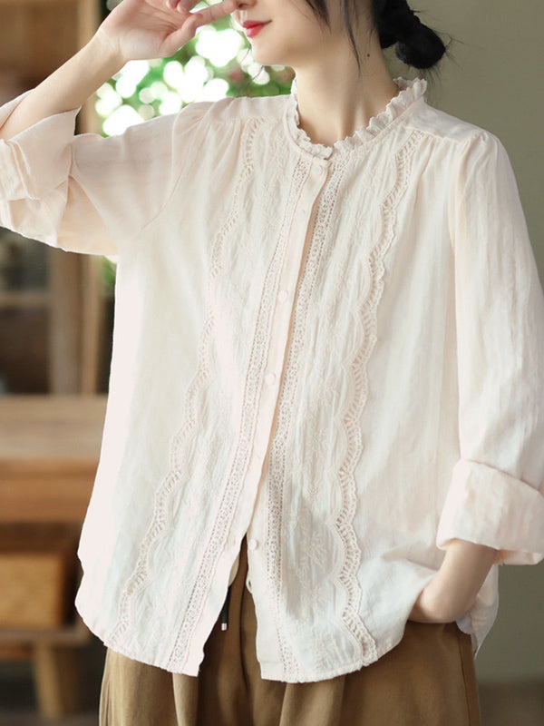 xakxx Long Sleeves Loose Embroidered Round-Neck Blouses&Shirts Tops