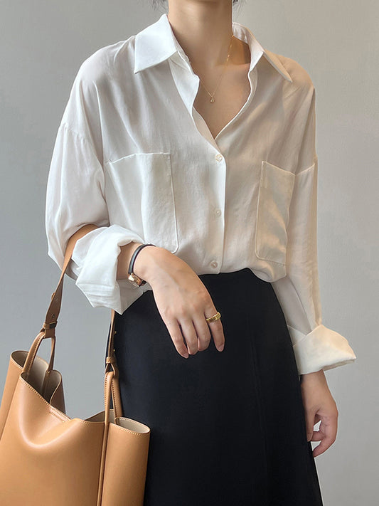 xakxx Vintage Long Sleeves Loose Solid Color Lapel Collar Blouses