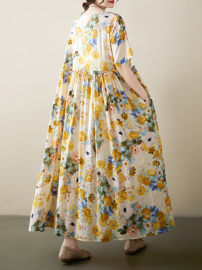 xakxx A-Line Loose Floral Printed Round-Neck Midi Dresses