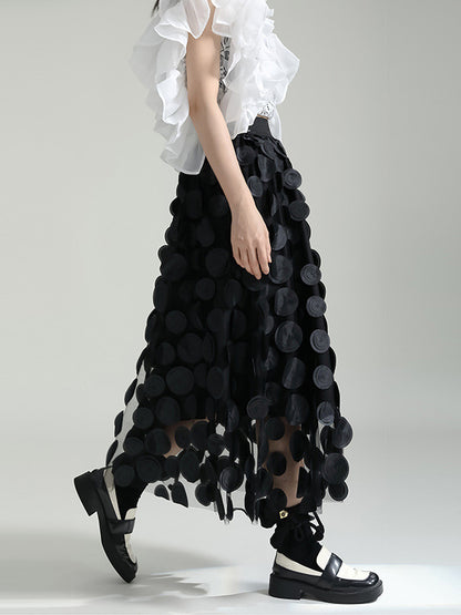 xakxx A-Line High Waisted Mesh Polka-Dot Solid Color Split-Joint Skirts Bottoms