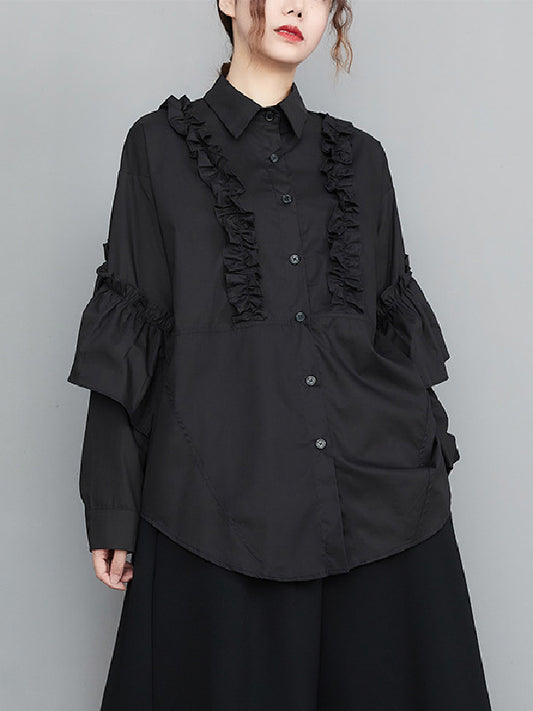 xakxx Casual Loose Long Sleeves Buttoned Ruffled Solid Color Lapel Collar Blouses&Shirts Tops