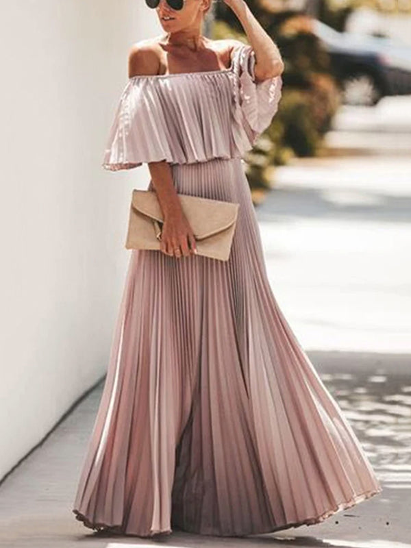 xakxx Loose Pleated Solid Color Off-The-Shoulder Maxi Dresses