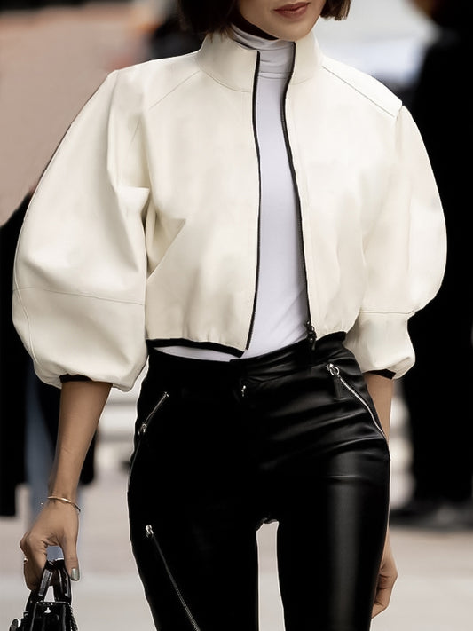 xakxx Puff Sleeves Loose Solid Color Zipper Stand Collar Jackets Outerwear