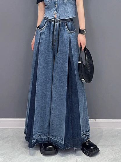 xakxx Loose Wide Leg Contrast Color Drawstring Fringed Pockets Jean Pants Bottoms