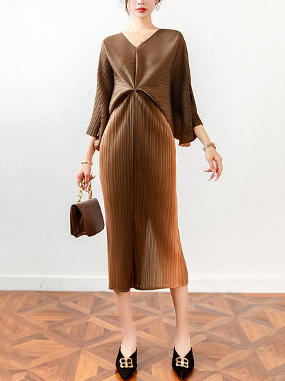 xakxx Fashion Loose Batwing Sleeves Gradient Pleated Midi Dress