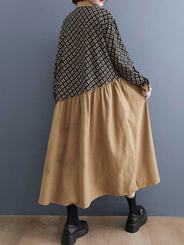xakxx A-Line Long Sleeves Asymmetric Buttoned Pleated Printed Split-Joint Lapel Midi Dresses