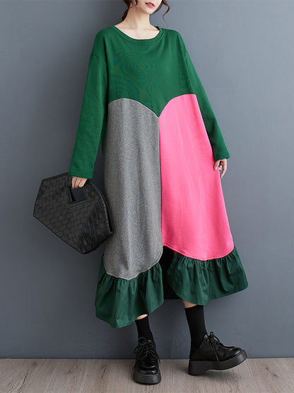 xakxx A-Line Long Sleeves Contrast Color Pleated Split-Front Split-Joint Round-Neck Midi Dresses