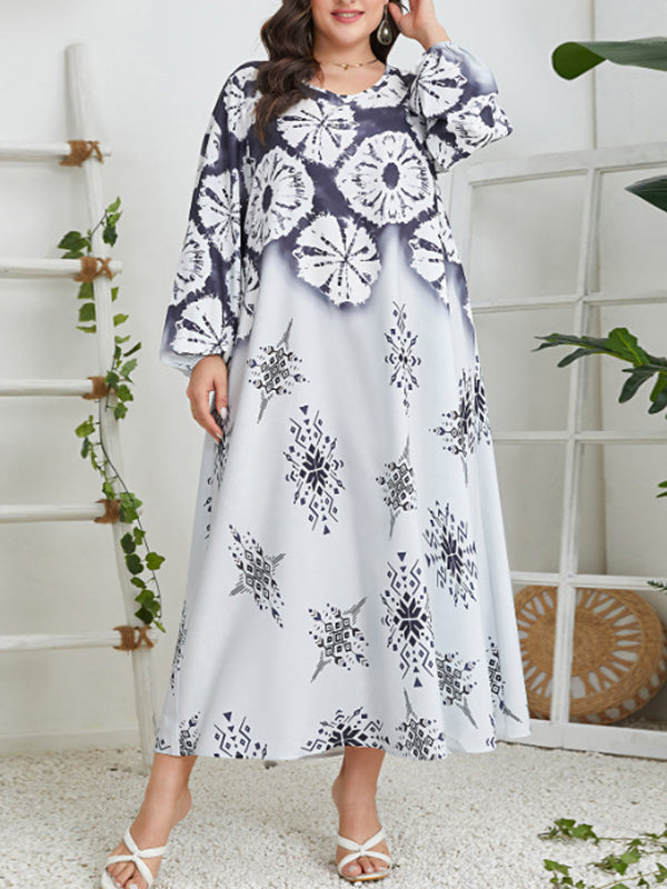xakxx Long Sleeves Loose Contrast Color Flower Print Muslim Round-Neck Midi Dresses